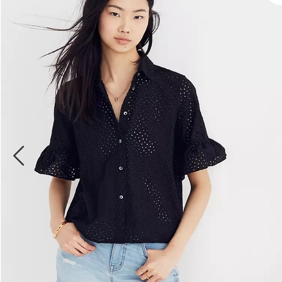Madewell Tops - 💙Madewell black eyelet bell sleeve shirt top XS💙